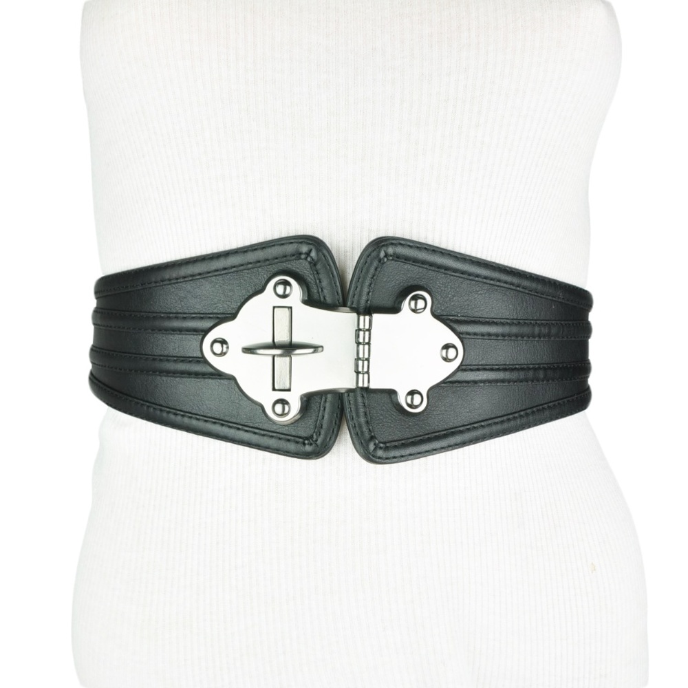 BCBG • Black Leather Wide Turn Lock Belt